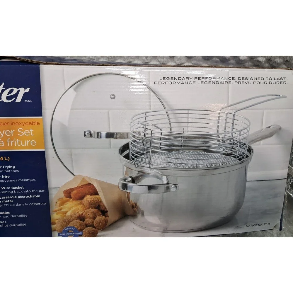 New Oster Sangerfield 3pc Deep Fryer Set 4.8 QT Stainless Steel With Basket Lid